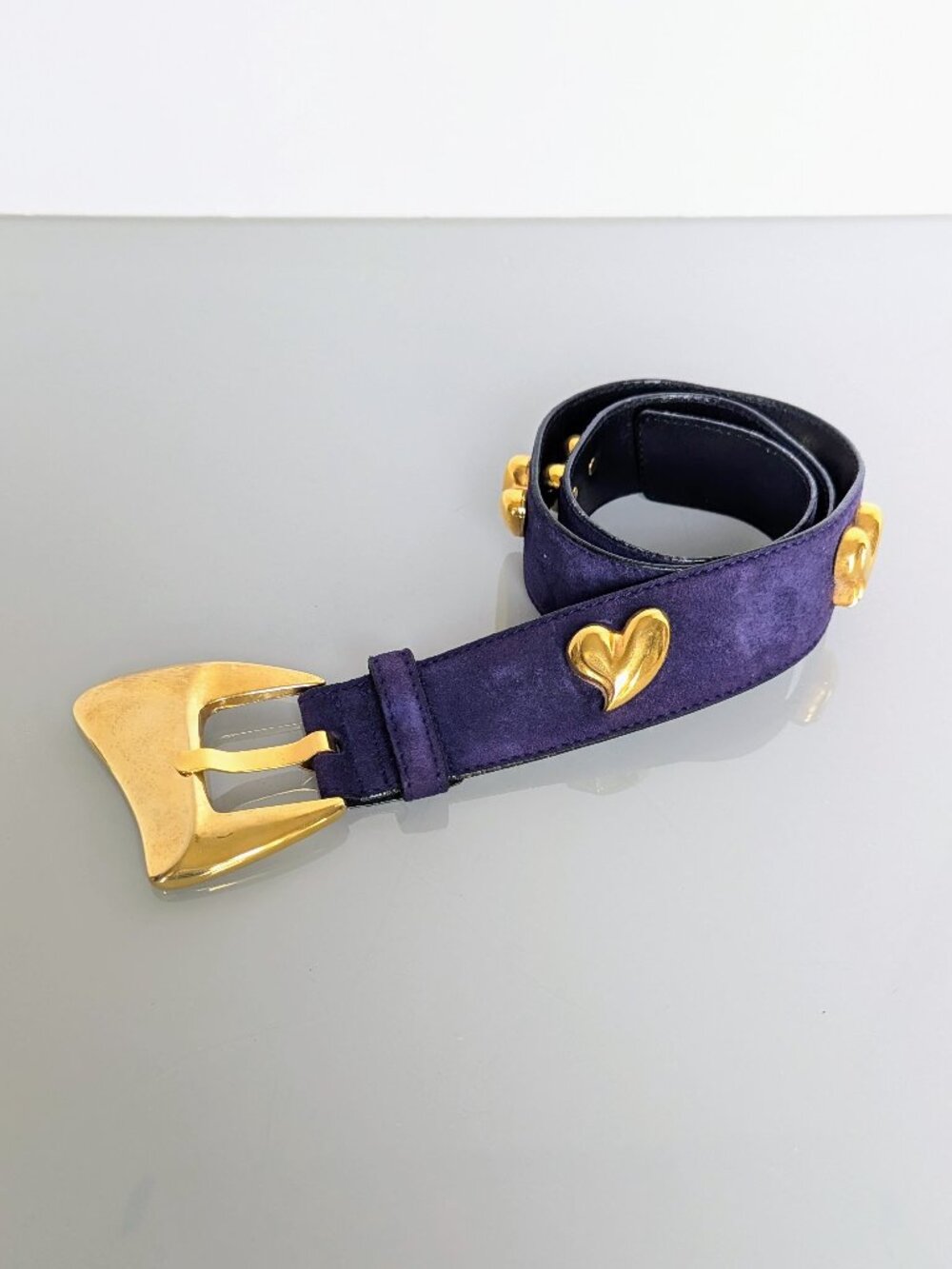 Escada Vintage Purple Suede Leather Belt Gold Tone Heart Studs 80s